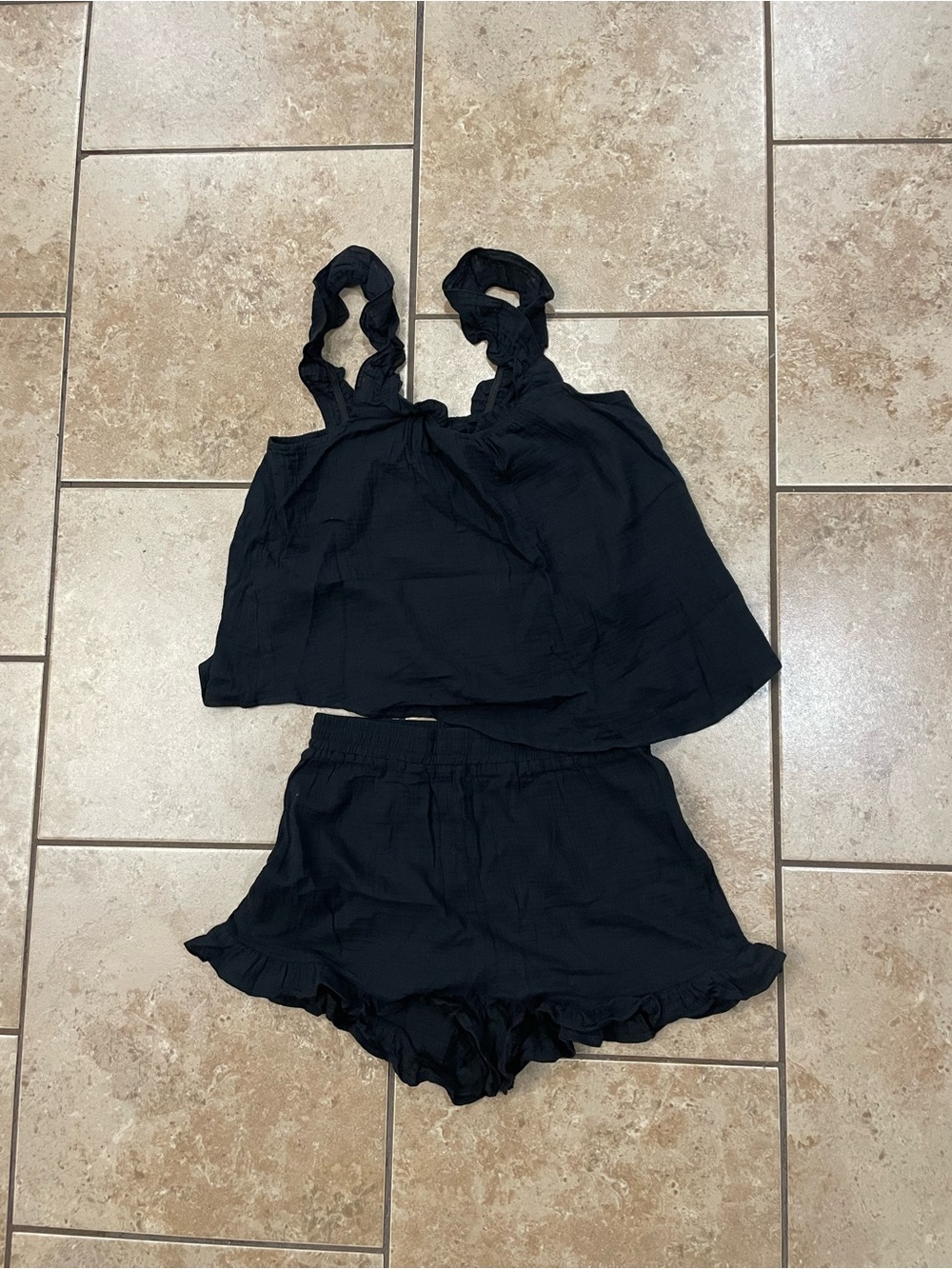 SHEIN Black Ruffle Strap Tank and Shorts  Set
